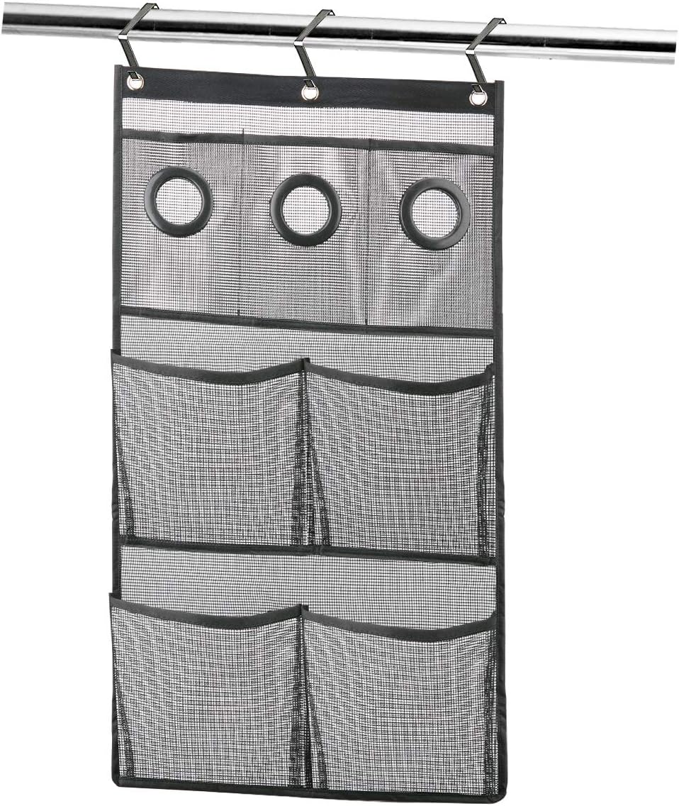 Quick Dry Hanging Mesh Shower Caddy Bath Organizer with 7 Pockets, Hang on Shower Curtain Rod / Liner Hooks/Door for Bathroom Accessories Organization,Space Saving,Black