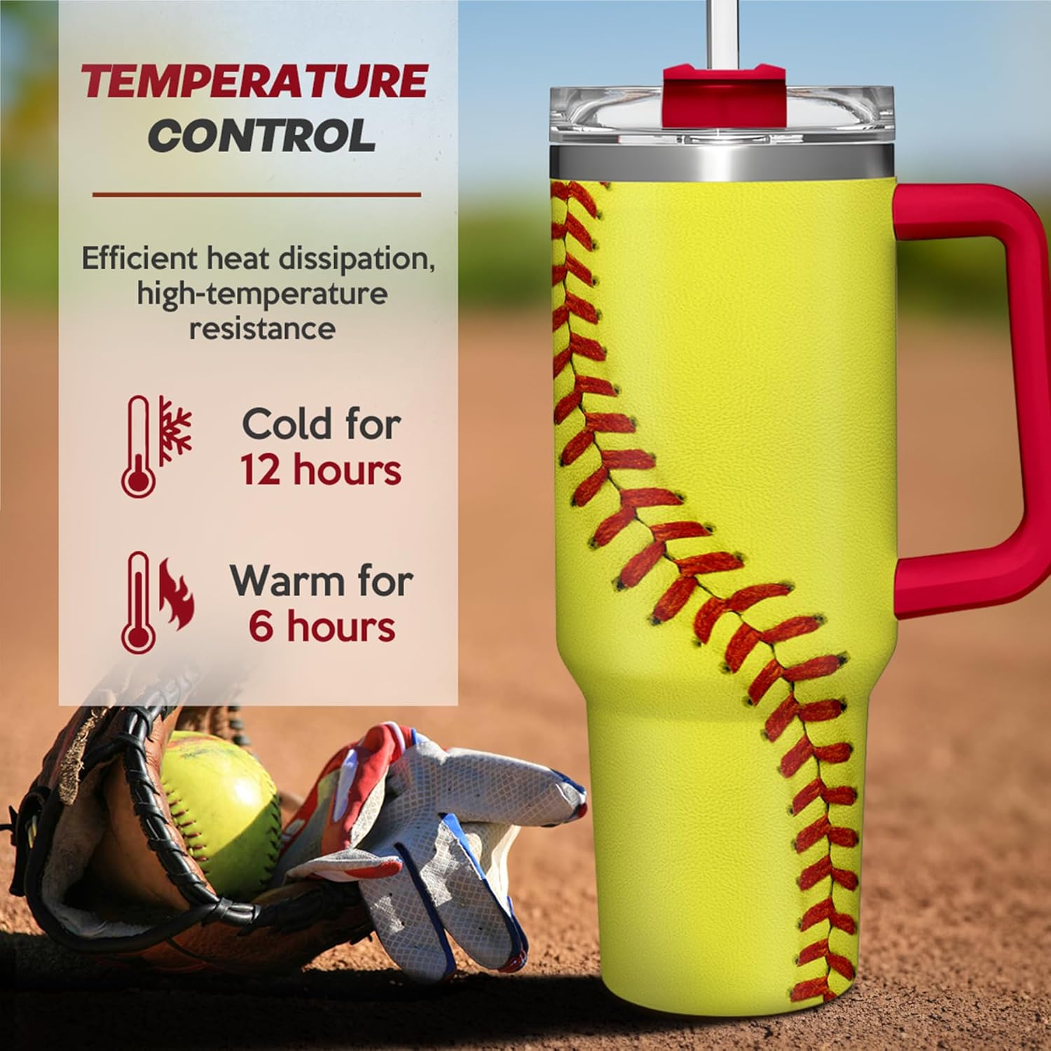Softball Tumbler with Handle 40oz, Insulated Stainless Steel Cup with Lid & Straw, Sports Lover Gift for Men, Coach, Player, Christmas, Birthday - Image 5