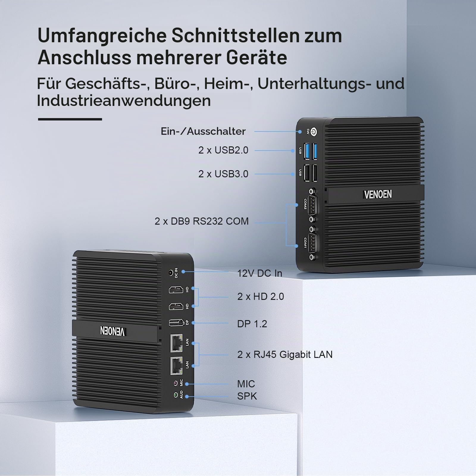 VENOEN Mini PC Industrie N95 lüfterloser PC Dual LAN Industrial Desktop PC | 8GB RAM 128GB SSD, Dual HD, DP, 4K Mini Computer Dual RS232 COM, WIFI, BT4.2, Auto Power On, Linux/Win11 Pro