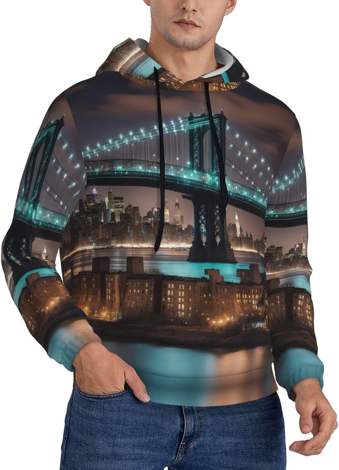 New York Manhattan Bridge Night print Men's novelty hoodie print sweatshirt for casual pullovers for both men and women Black