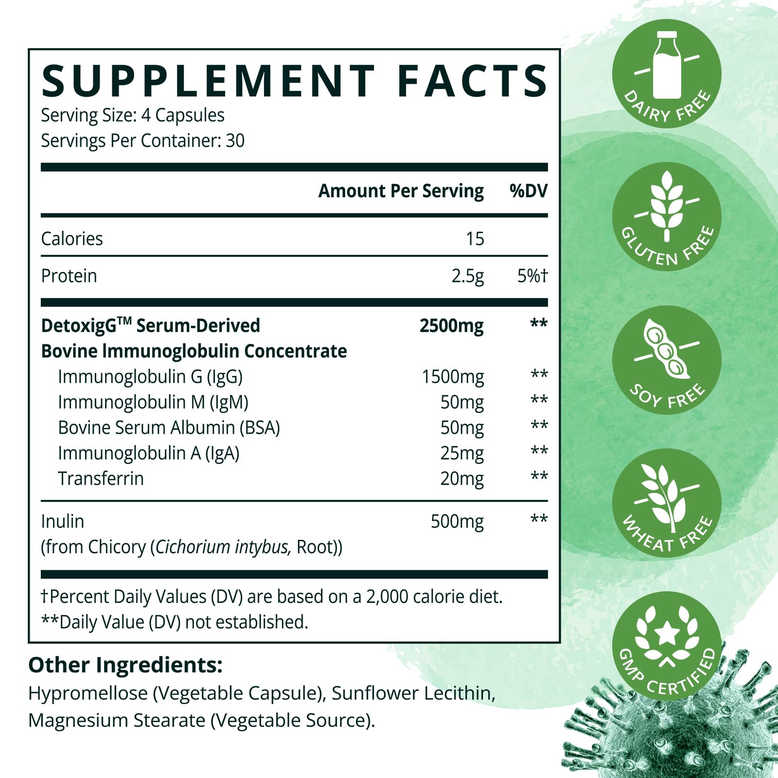 IgG Immunoglobulin Supplement - Bovine Colostrum Supplement Alternative - Dairy Free Bovine Immunoglobulin with IgM, IGA & Inulin Prebiotic Fiber - 120 Capsules — Amazon image 2