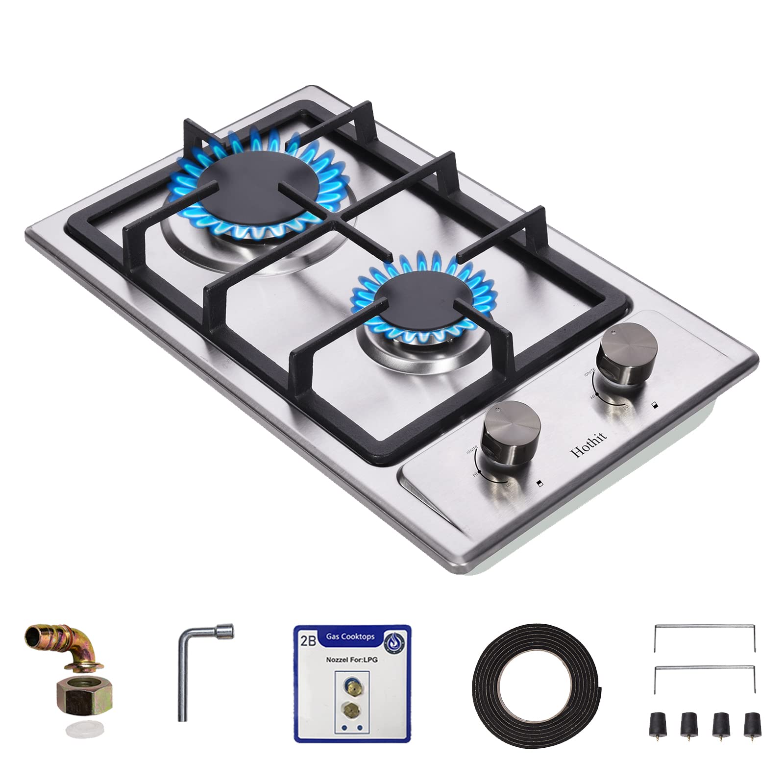 Hothit 2 Burner Propane Gas Cooktop, 12" Inch Stainless Steel Builtin Gas Stove Top