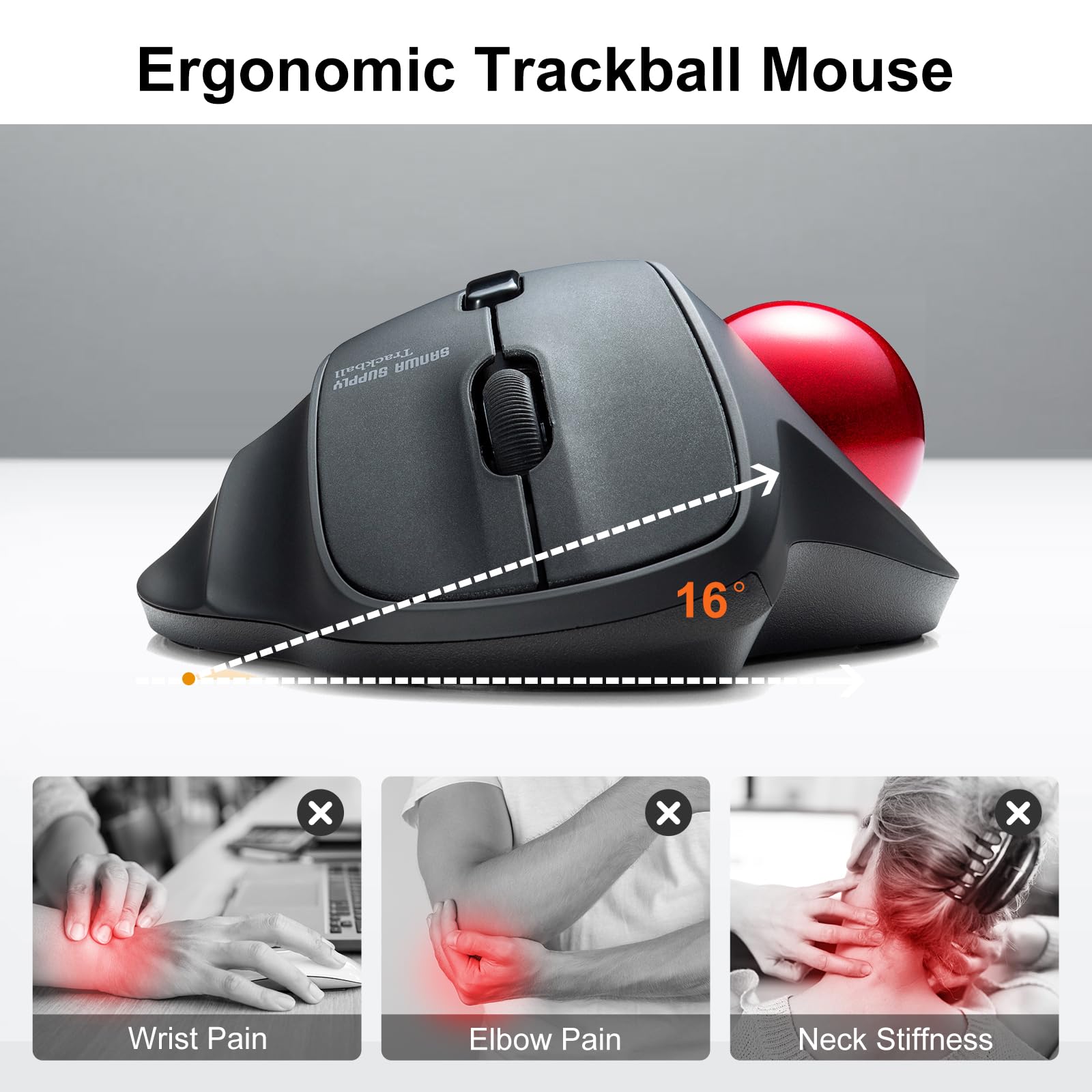 SANWA Mysz Trackball Bluetooth, bezprzewodowa, cicha, kulkowa, programowalna z oprogramowaniem, 600/800/1200/1600 DPI, precyzyjne sterowanie kciukiem, kompatybilna z Win, Mac, laptopem, PC, Red Ball
