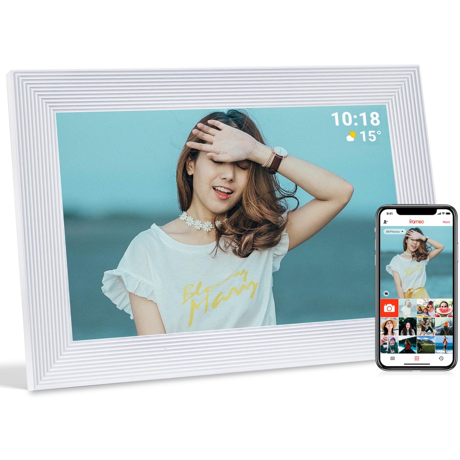 Digitaler Bilderrahmen WLAN Frameo.10,1 Zoll 1280×800 IPS-Touchscreen.16GB WiFi Digital Photo Frame.Fotos und Videos über die Frameo-App teilen.Weiß.