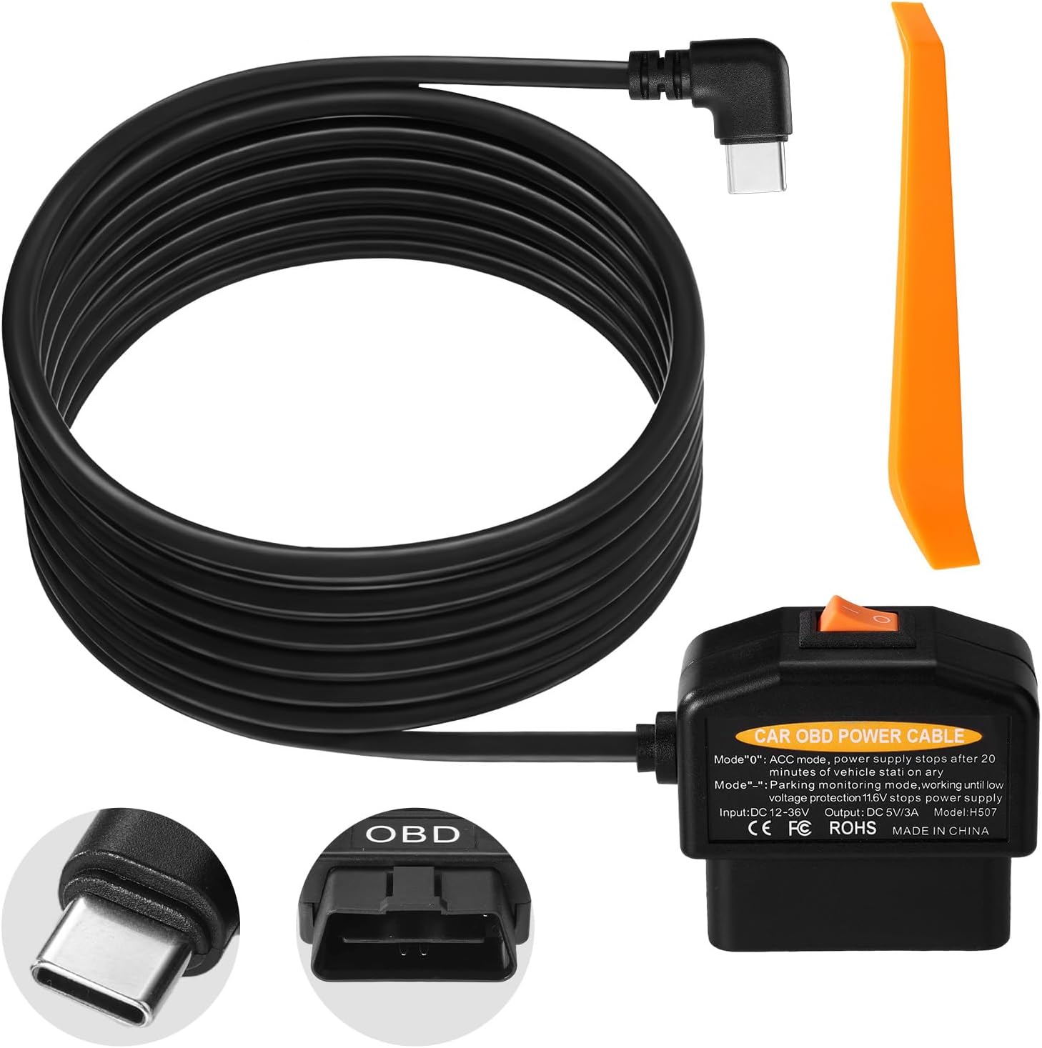 OBD2 Dash Cam Power Cable, Low Voltage Protection (11.6V/23.4V) OBD to Type C Adapter 24/7 Parking Mode & Acc Detection Mode Continuous Recording Plug and Play