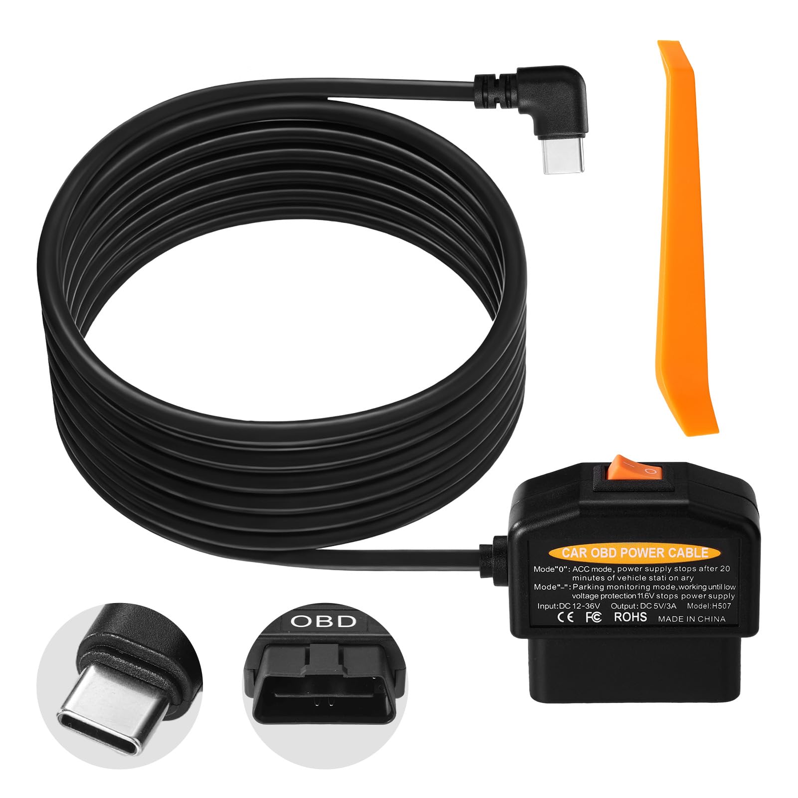 Kabel Zasilający OBD2 do Kamery Samochodowej, Zabezpieczenie Przed Niskim Napięciem (11,6V/23,4V) Adapter OBD do Typu C Tryb Parkowania 24/7 i Tryb wykrywania ACC Nagrywanie Ciągłe Plug & Play