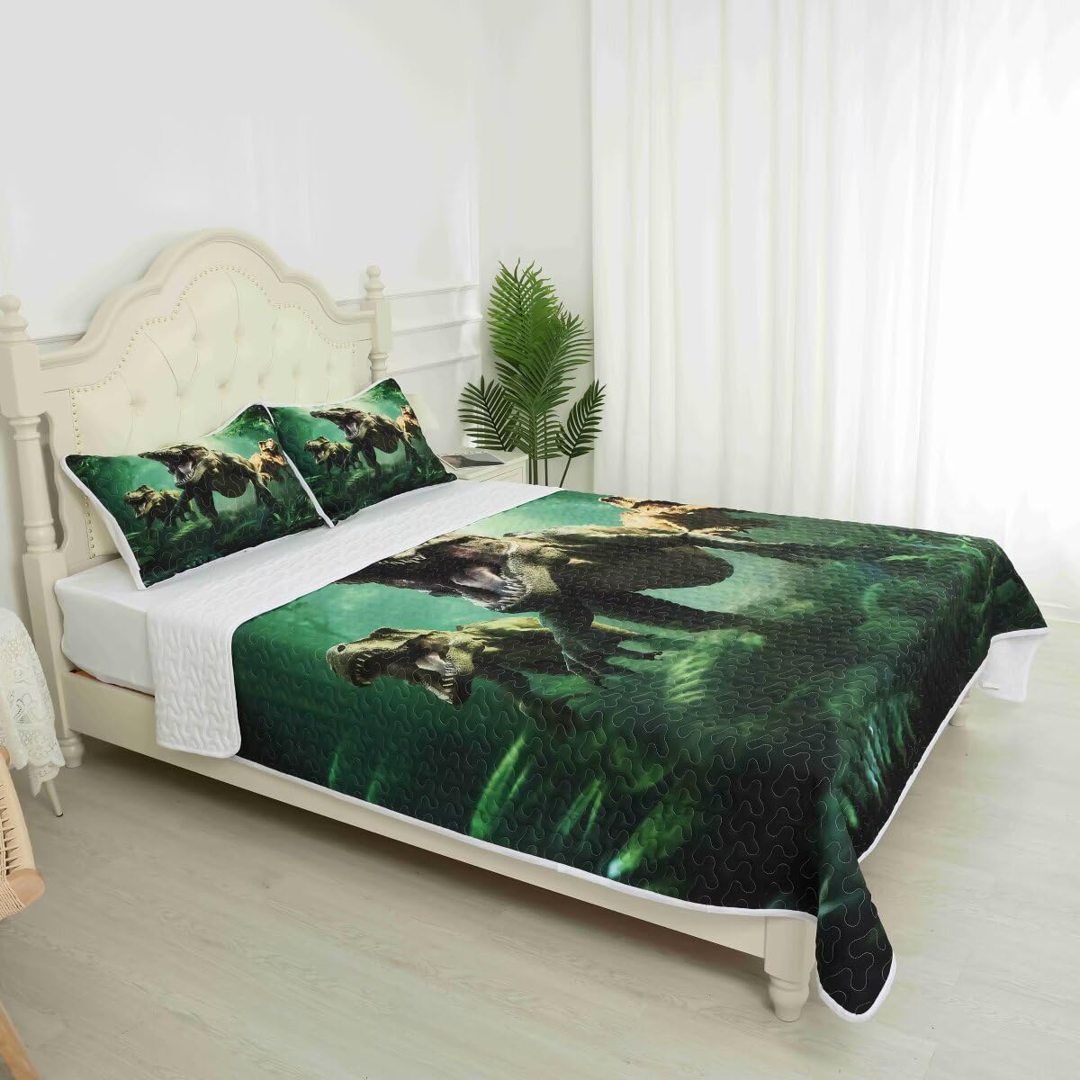 VTKON 3D Dinosaur Quilt Set Twin for Kids, Green Dino Bedding Set, Lightweight Boys Bed Set Reversible Bedspread Set with 1 Qulit and 1 Pillowcase