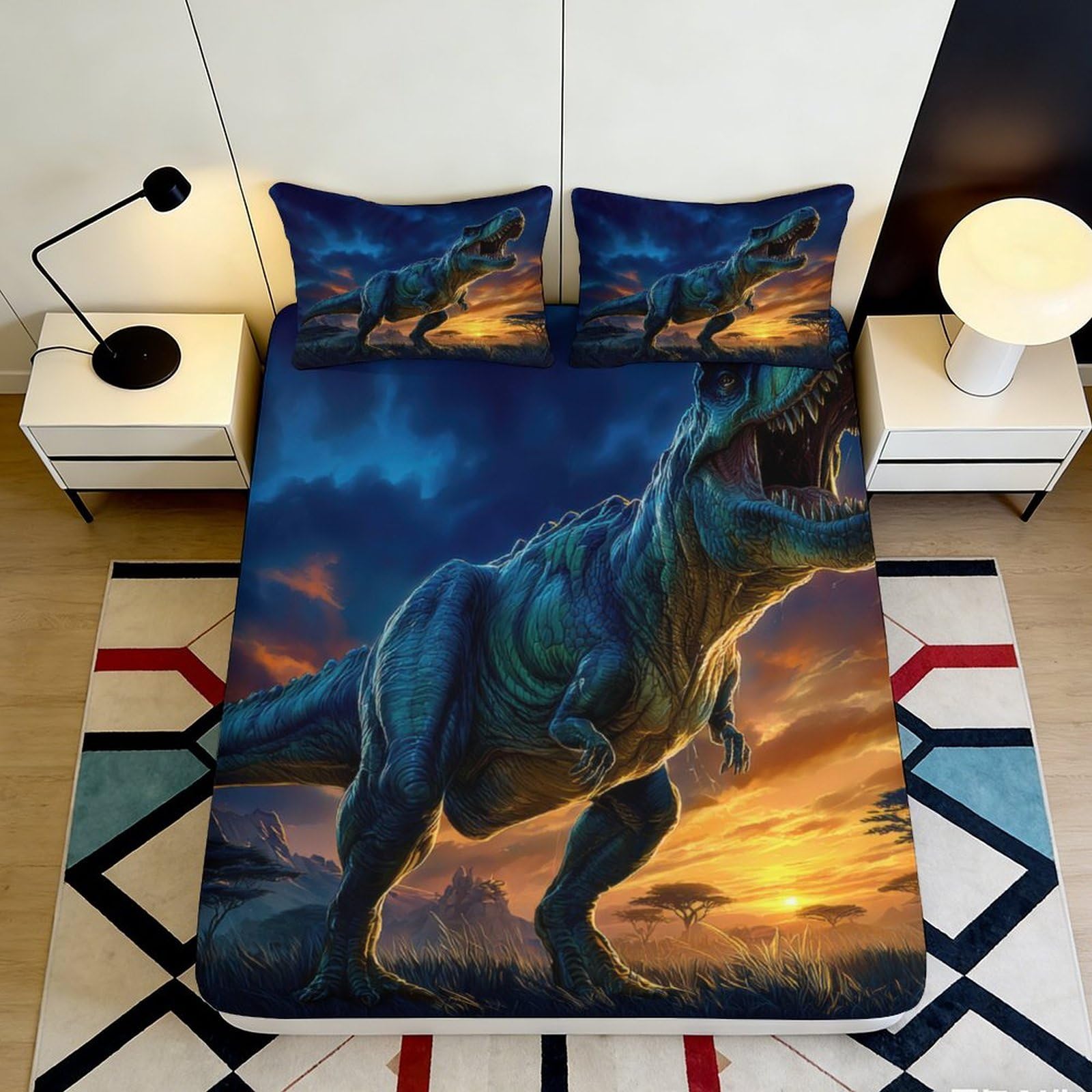 3D Printed Dinosaur Sunset Fitted Sheet Microfiber Anti-Slip T-Rex Mattress Cover for Bedroom Guest Room Easy Care 160x200x25cm