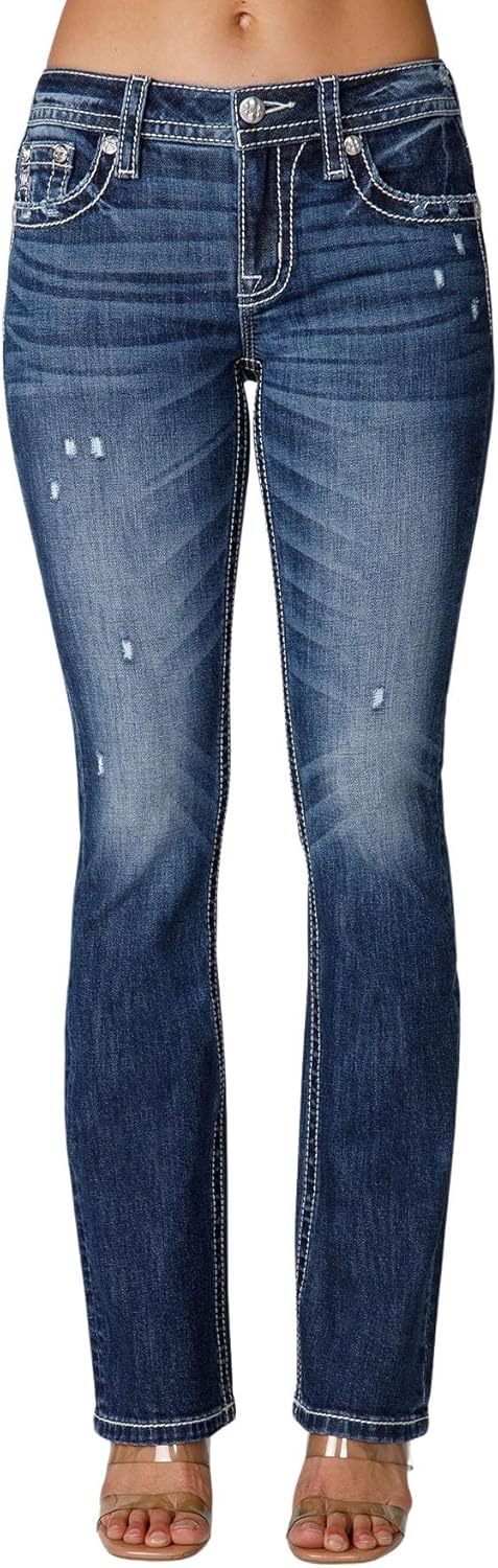 Miss Me Women's Delilah Mid-Rise Slim Bootcut Jeans with Floral Embellished Faux Flap Pockets