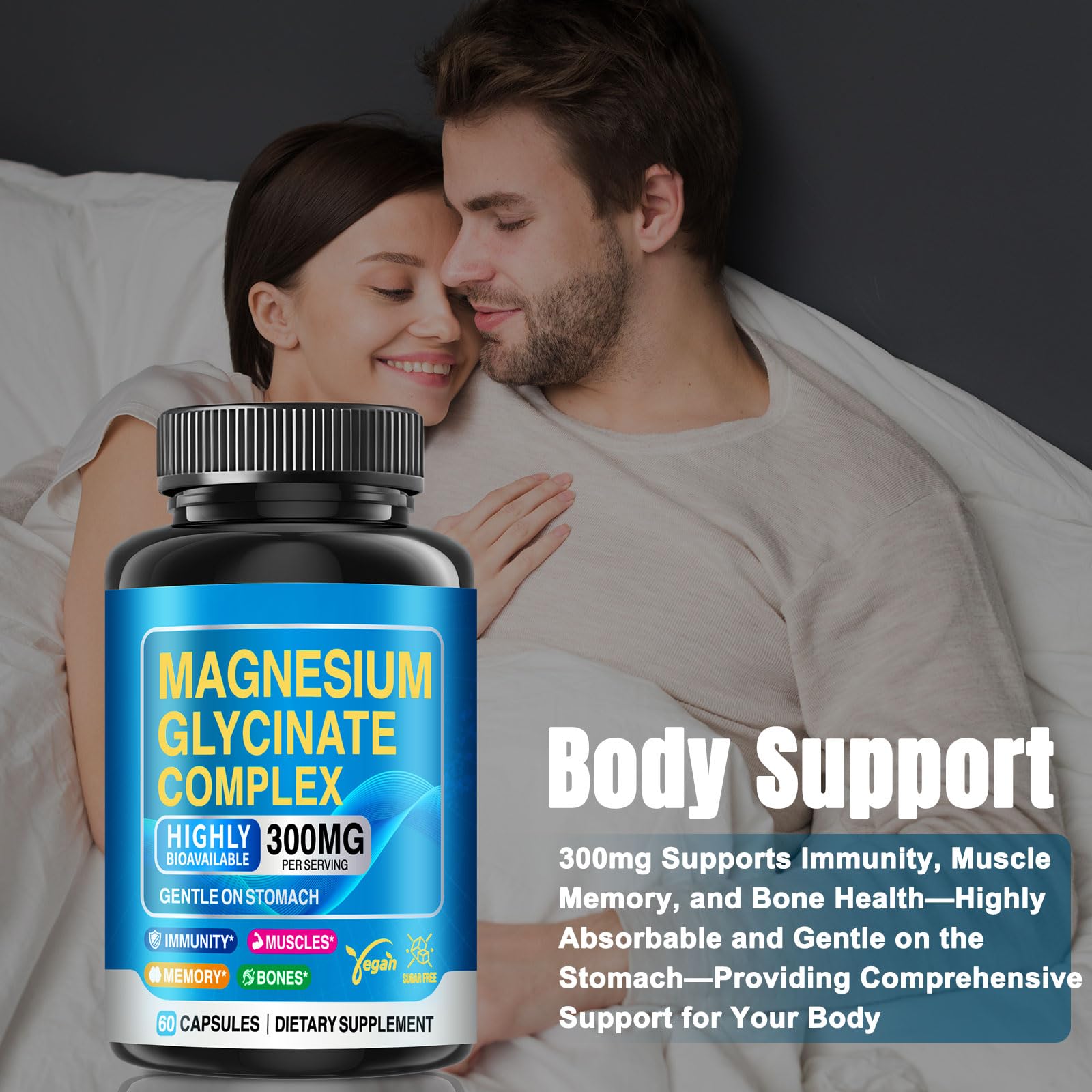 CNFHDI Magnesium Glycinate 300mg Per Serving, Magnesium Supplement for Stress Relief, Sleep & Muscle Recovery, Chelated High Absorption, Non-GMO, Vegan, Gentle on Stomach, 60 Capsules
