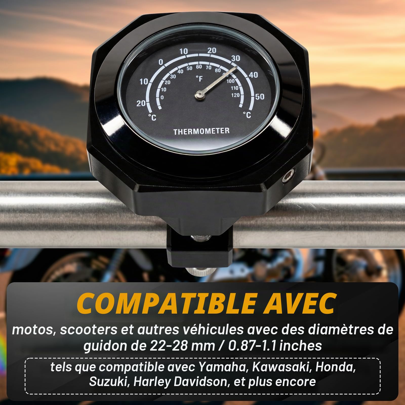 Riloer Jauge de thermomètre de guidon de moto, jauge de température en alliage lumineux étanche Compatible avec Yamaha Kawasaki Suzuki Honda, Noir
