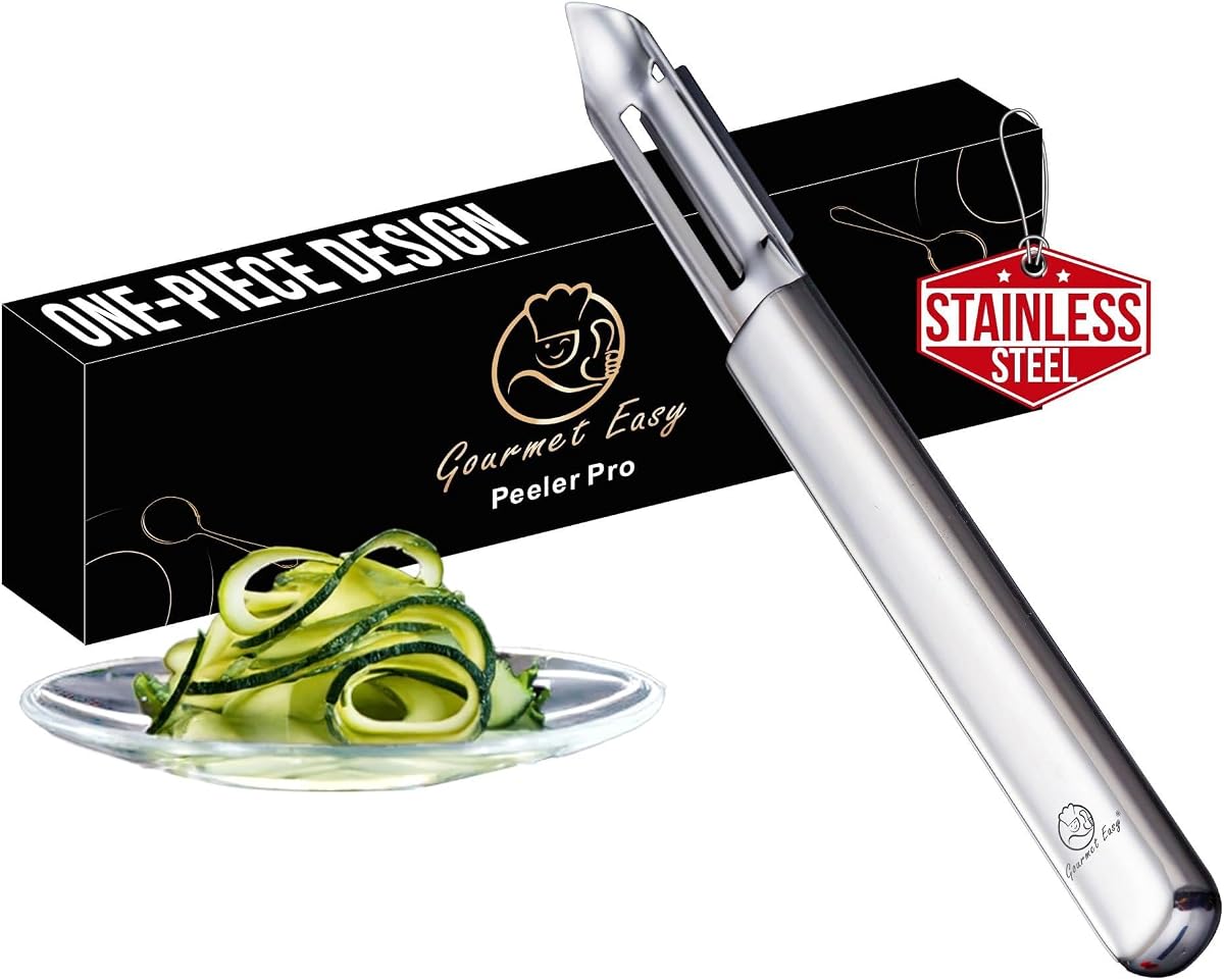 Pelador de verduras de acero inoxidable, cuchillas dobles ultraafiladas | Se despega en ambas direcciones para uso con la mano izquierda y derecha, sin costuras, sin agua atrapada, apto para lavavajillas, garantía de 5 años