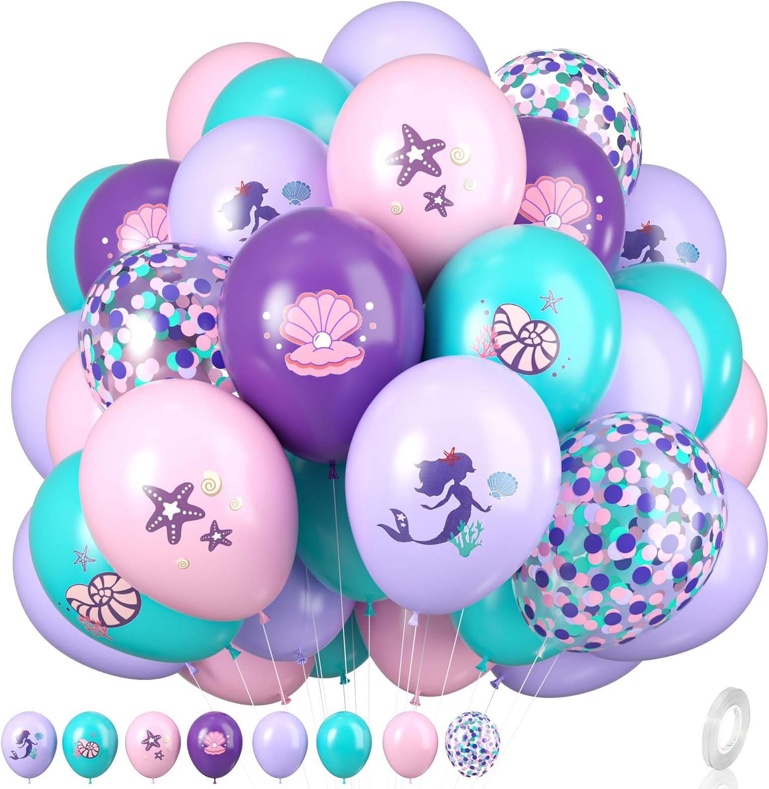Mermaid Party Balloons - Purple Pink Teal Balloons with Conch Shell Starfish Print for Under the Sea Theme Birthday Party Supplies