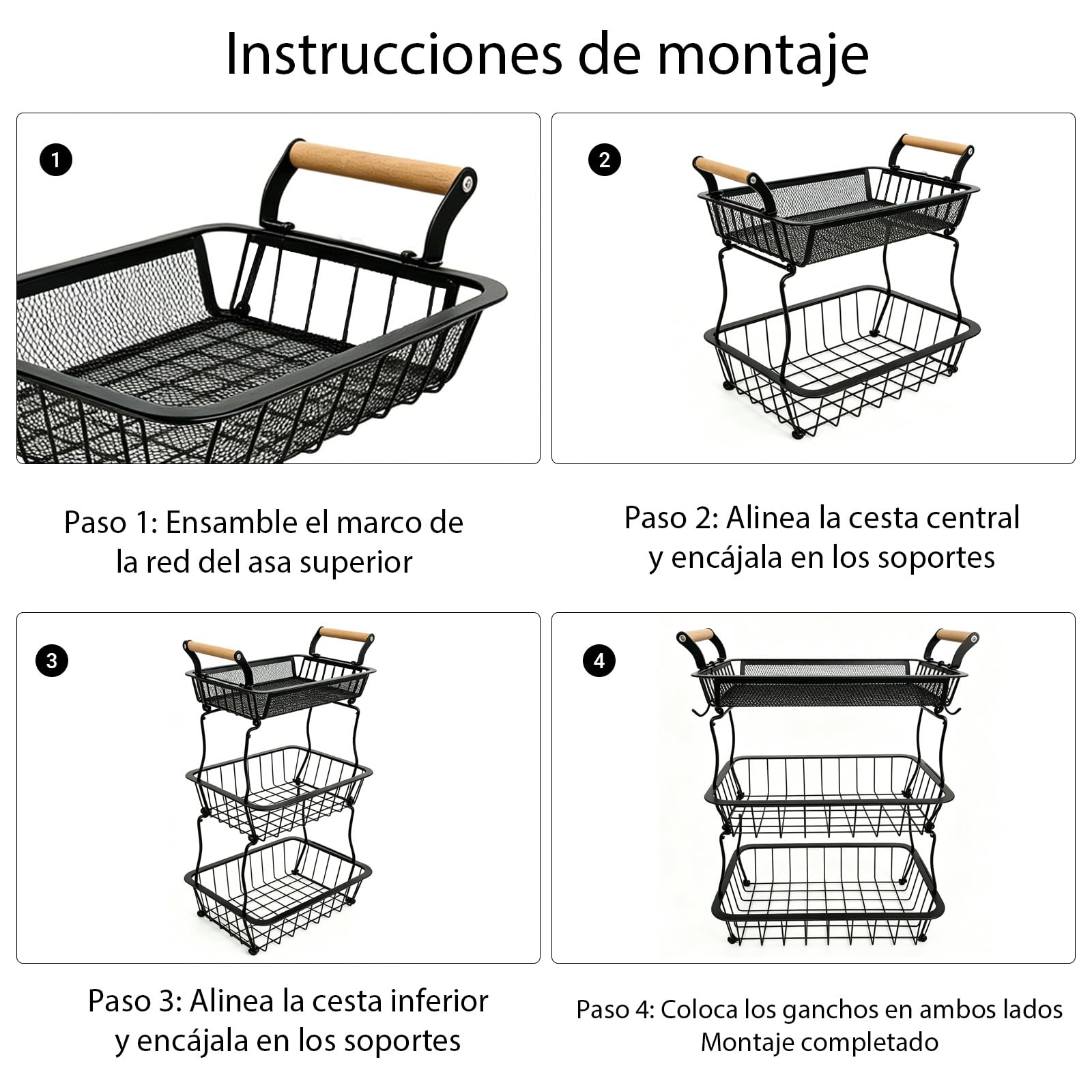 Cesta de Frutero de 3 Niveles, Soporte de Frutas de malla con 2 Ganchos para Plátanos, Encimera de Cocina, Aparador, Despensa, para Almacenar Pan, Aperitivos, Frutas y Verduras (Negro)