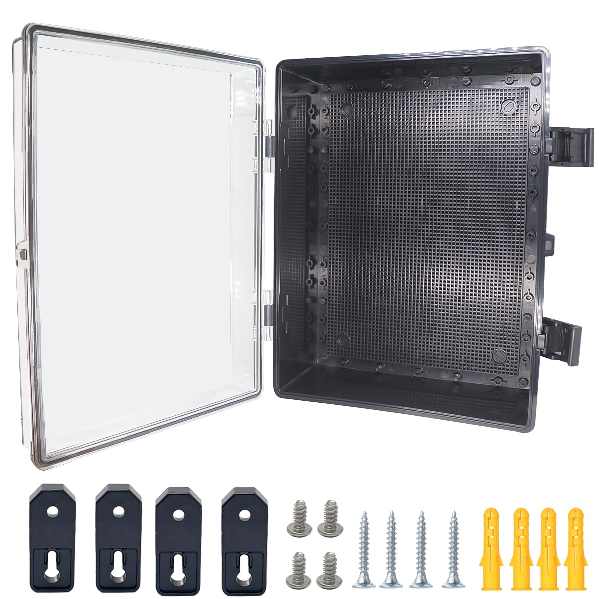 Otdorpatio Junction Box, Hinged Black Clear Cover IP67 Waterproof ABS Project Box with Mounting Plate Electrical Box Enclosure with Wall Bracket 15.7 x 11.8 x 6.7inch(400x300x170mm)