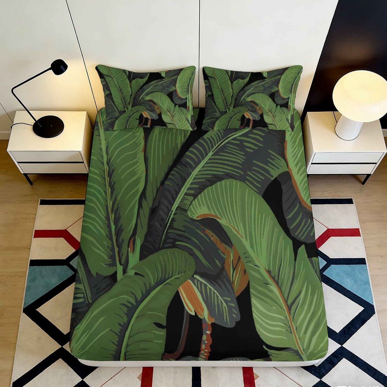 3D Printed Tropical Banana Leaf Fitted Sheet Microfiber Green Jungle Mattress Cover for Bedroom Guest Room Décor 140x200x25cm