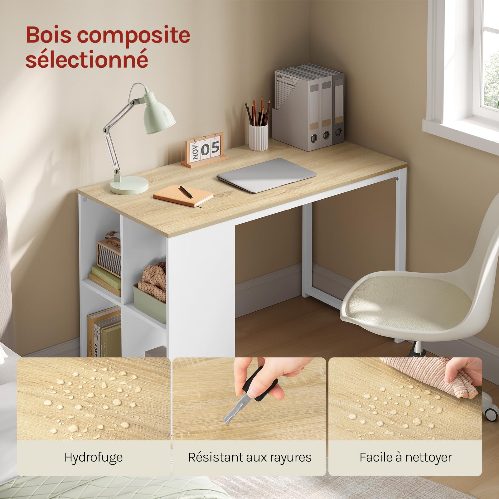 WOLTU Bureau avec Rangement et Etagere, Table Bureau 120x60x75 cm, pour Études et Chambre Ado, Chêne Blanc
