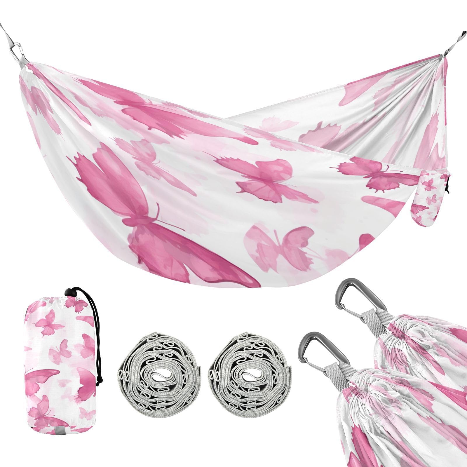 ATTX Pink Watercolor Butterflies Camping Hammock - Lightweight & Portable Hammocks, Heavy Duty 330lbs Capacity for Indoor, Hiking, Backpacking, Travel, Backyard, Beach#253