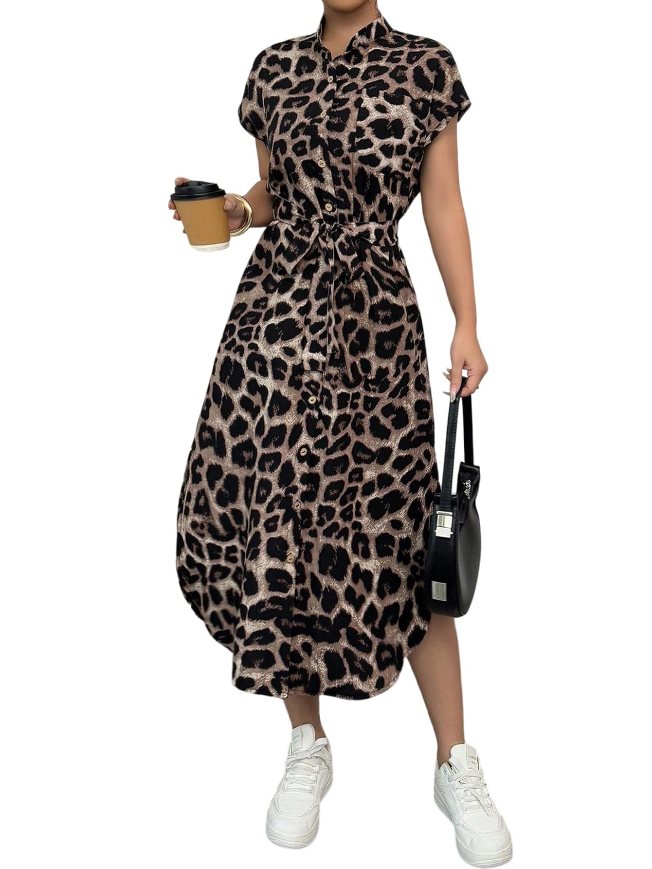 SweatyRocks Blusenkleid Damen Sommer Lang Leo Kleid Maxikleider Sommerkleid Shirtkleid Mit Tasche Business Outfit Leoparden Kleider Mit Knöpfen