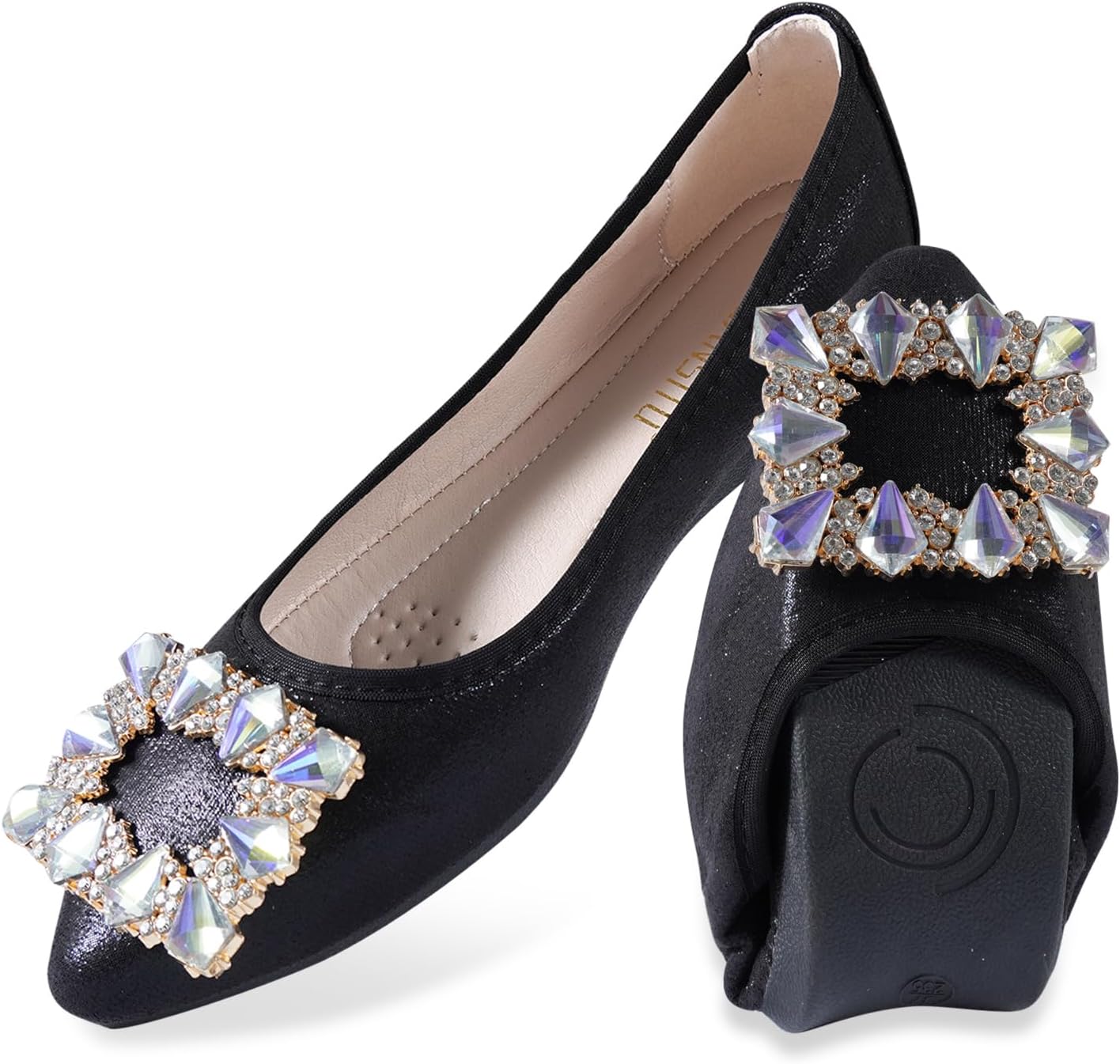 Women Ballet Flats Buckle Rhinestone Wedding Ballerina Shoes Foldable Sparkly Comfort Slip on Flat Shoes