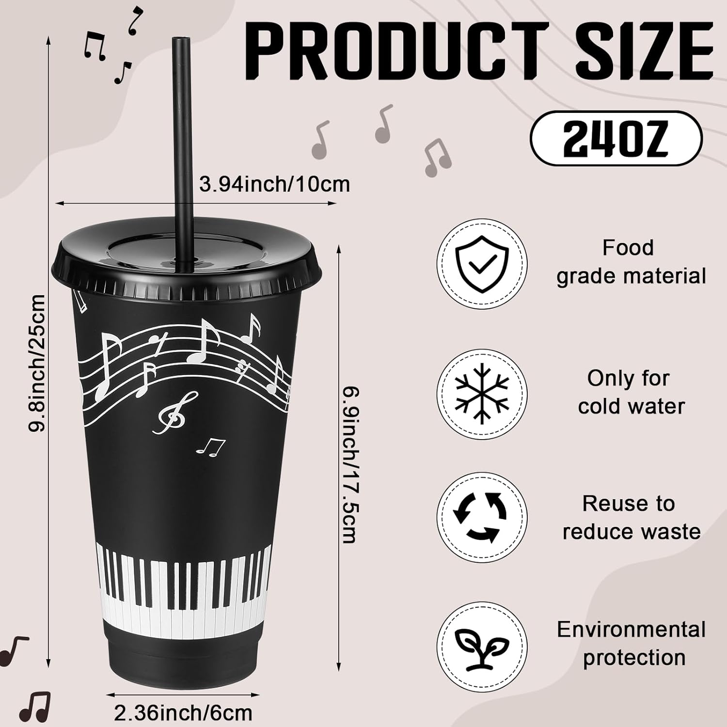 12 Pcs Musical Themed Plastic Cups 24 oz Reusable Piano Notes Tumbler with Lids and Straws Juice Drinking Cups for Music Lover Choir Birthday Party Favors - Image 2