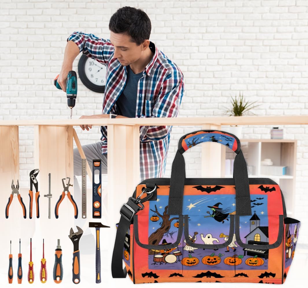 Funny Halloween Heavy Duty Tool Bag 14.8 Inch Bat Ghost Portable Soft Tool Box Organizer Storage with Adjustable Shoulder Strap