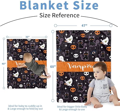 Miniatura 4 de Manta de bebé personalizada de Halloween, manta con nombre personalizado para niños pequeños, franela suave con respaldo de puntos de doble capa,