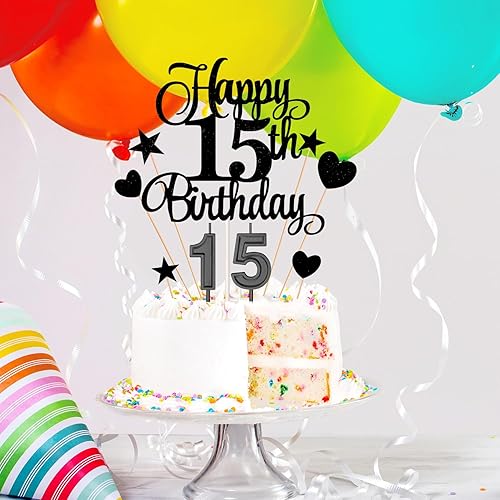 Miniatura 5 de El juego de decoraciones para tartas de cumpleaños de 15 años incluye velas de cumpleaños número 15 velas y adornos para pasteles de feliz