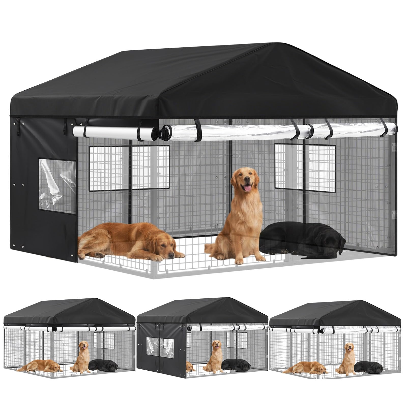 Chunm Outdoor Dog Kennel Cover 6.5'd x 6.5'w x 6'h Full Coverage with Clear PVC Window 600d Oxford Fabric Windproof Waterproof Protection Anti UV for Dog Kennels, Only The Cover