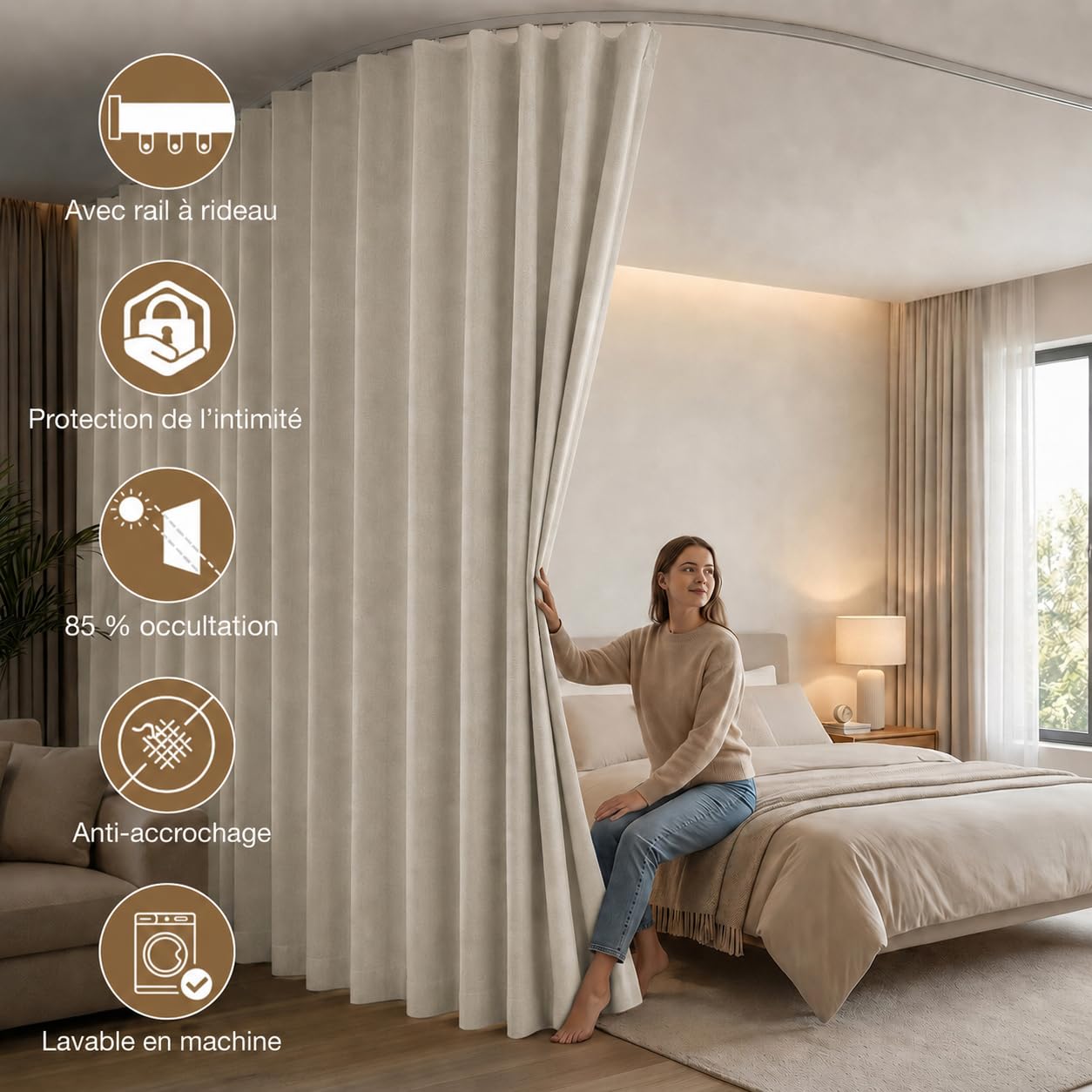 254 cm Extra Large Rideau Séparateur de Pièce avec Rail Plafond Occultant | Rideaux Thermique, Kit Complet Rail Pliable Et Rideau, Tissu Occultant Triple Tissage, pour Studio et Bureau (H 274cm, Beige)