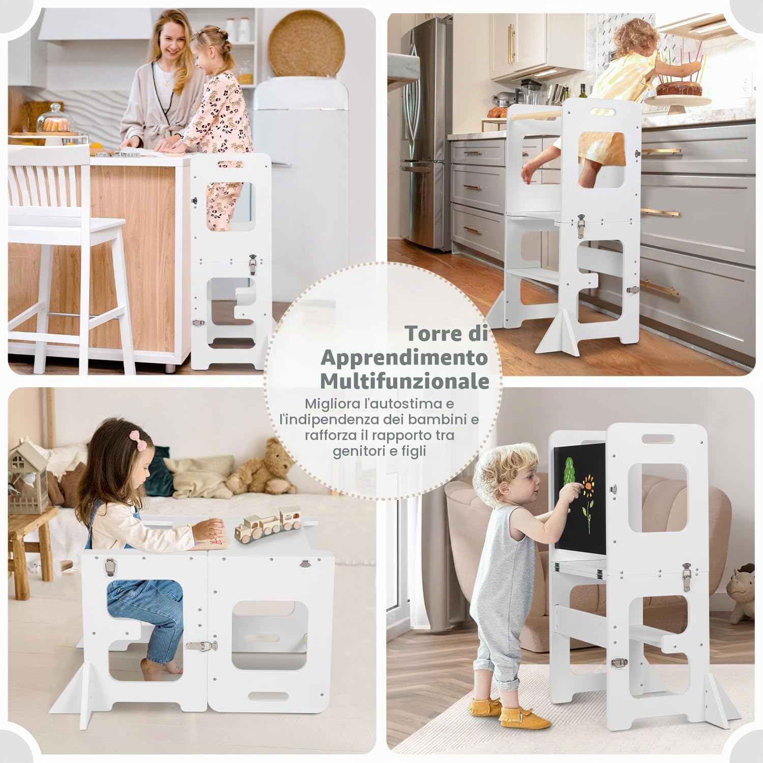 Torre montessoriana per bambini, 3 in 1 Multifunzionale Torre di apprendimento con lavagna, montessoriana Learning Tower Con tavolo da disegno scala montessoriana per bambini legnoso (Bianco)