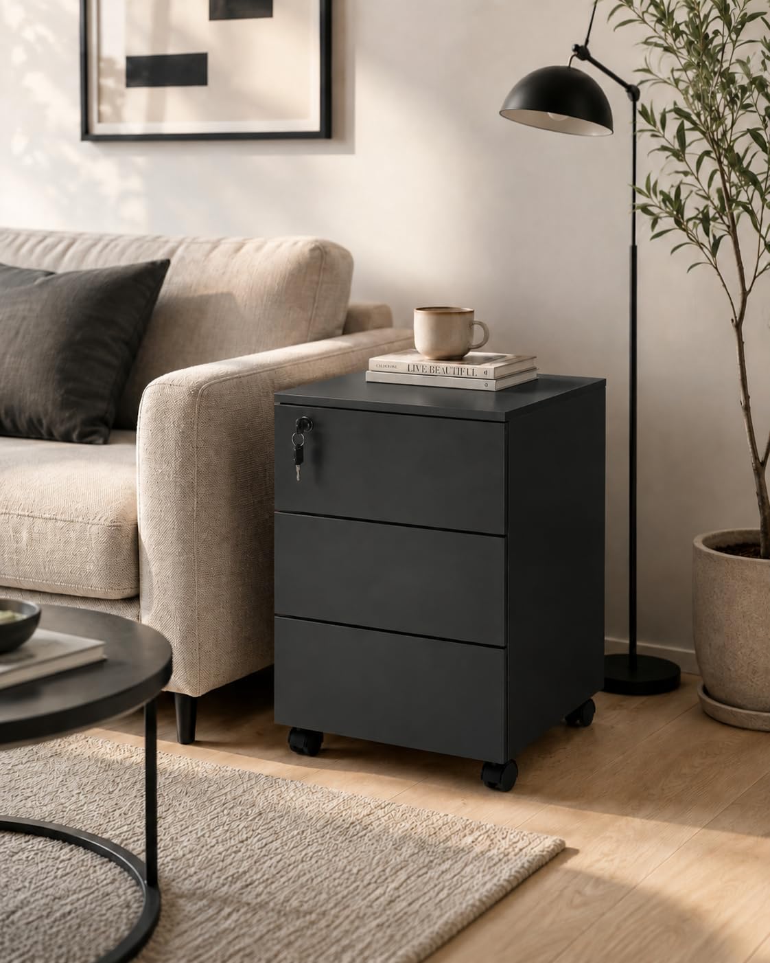 Cassettiera Scrivania Ufficio con Ruote e Chiave, Cassettiera Nera 3 Cassetti, Schedario da Ufficio, Mobile Ufficio sotto Scrivania, Mobiletto con Chiave, 39 x 45 x 54 cm
