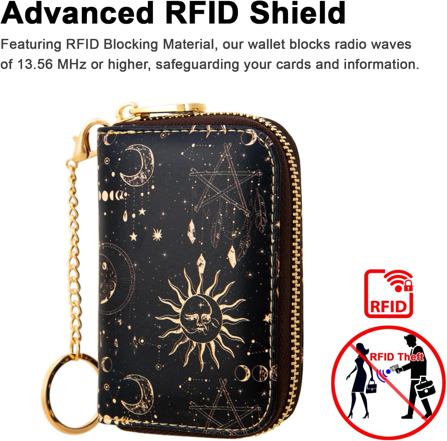 Credit Card Holder for Women, RFID Card Holder Wallet - Slim Leather Zipper Card Case - Ladies Small Keychain Wallets (Moon Phases) - Image 2