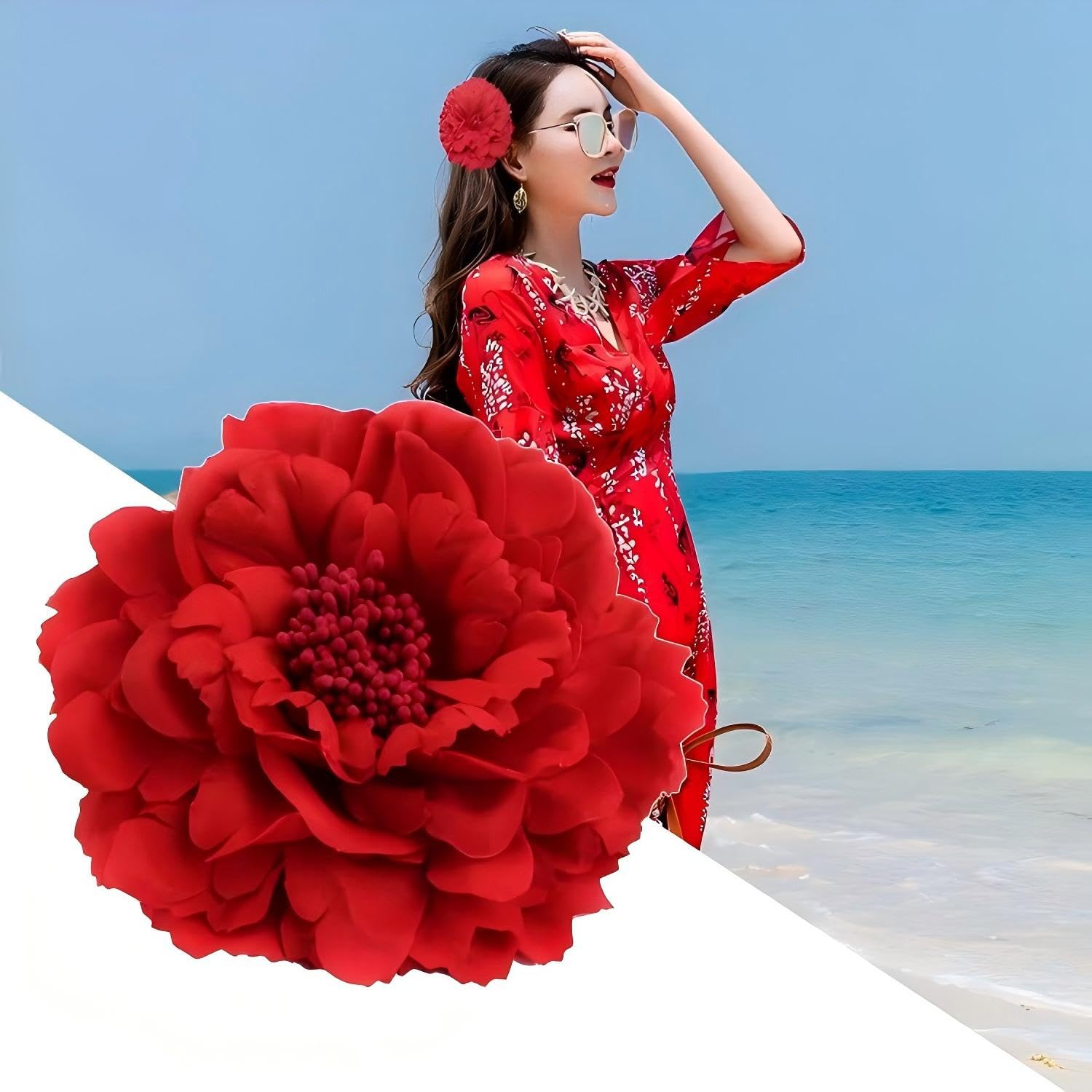 RUIENGCOMM 2Pcs Peony Hair Clip Large Fascinator Peony Hairpin Red Flower Hair Clip for Women Girls Party Beach Wedding Bridesmaid Flower Girl Accessories - Image 3