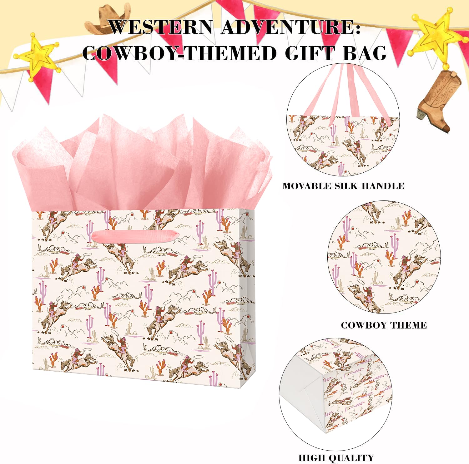 Linelglobal Large Cowgirl Gift Bag with Tissue Ppaer for Women Girl Birthday Western Theme Party Rodeo Stuffer 12.6"