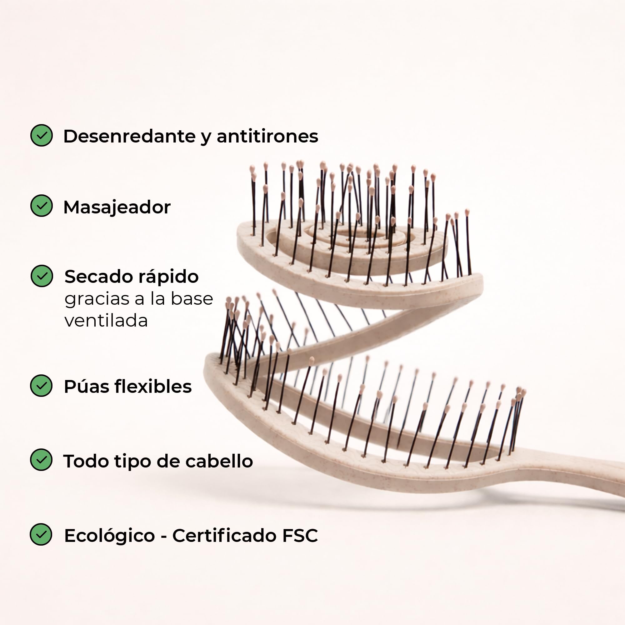 PONETTE NATURAL - Cepillo de Pelo ECO Masajeador Ecológico Beige Desenredante Antitirones, Fabricado con Fibra Natural de Trigo, 100% Reciclable, Marca Española
