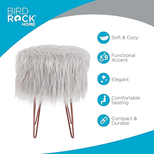 Miniatura 3 de BIRDROCK HOME Taburete de tocador de piel sintética plateada, asiento acolchado compacto y suave, patas de metal, muebles decorativos tapizados para