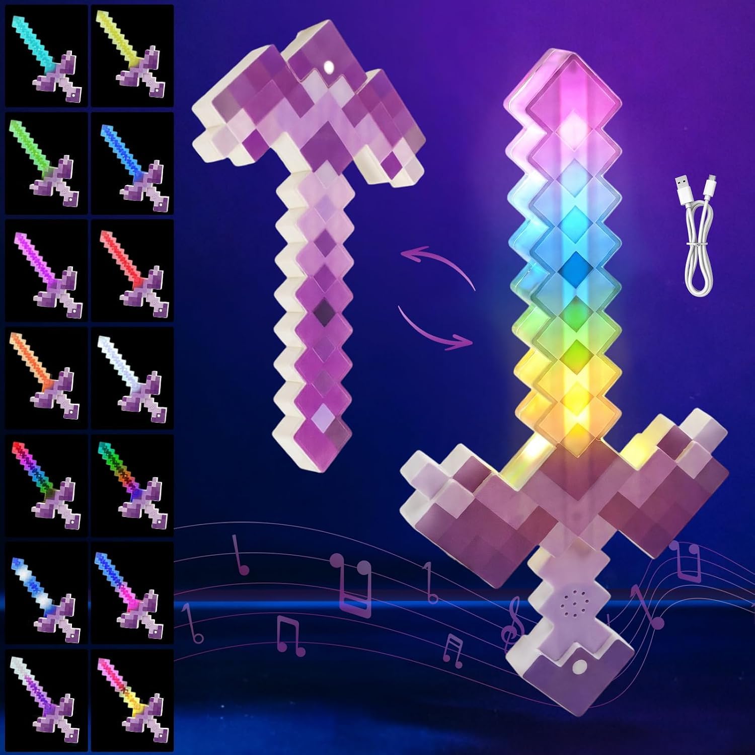 Hojalis Glowing Diamond Sword, 39 cm Pickaxe Sword Toys, Pixel Light-Up LED Sword Toy with 14 Adjustable Colour and with Sound Effects, Rechargeable Toy Weapon Battle Accessory,Game Accessories Gift