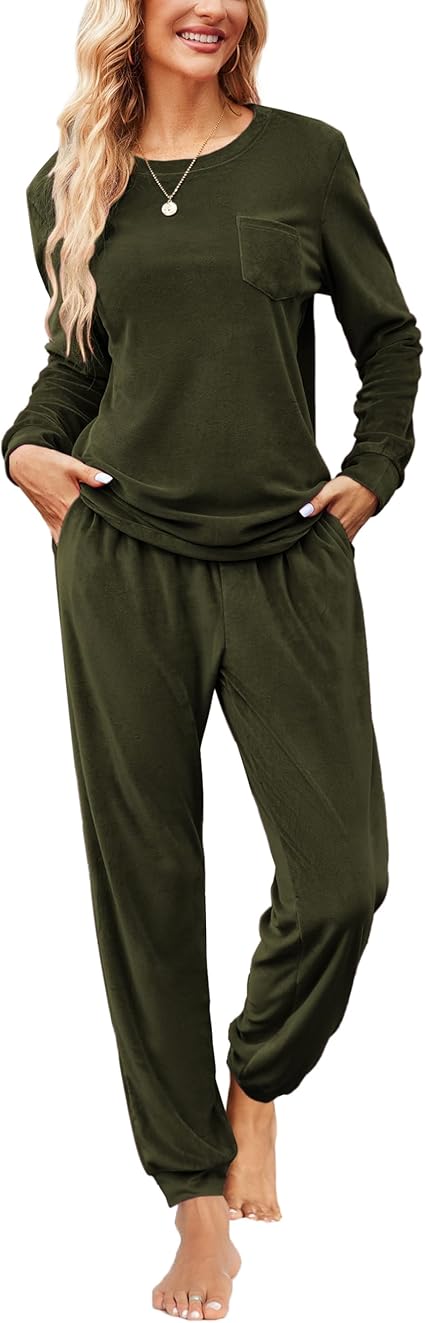 Ekouaer Womens Pajamas Sets Long Sleeve Soft Sleepwear 2 Piece Velvet Pjs Lounge Sets with Pockets