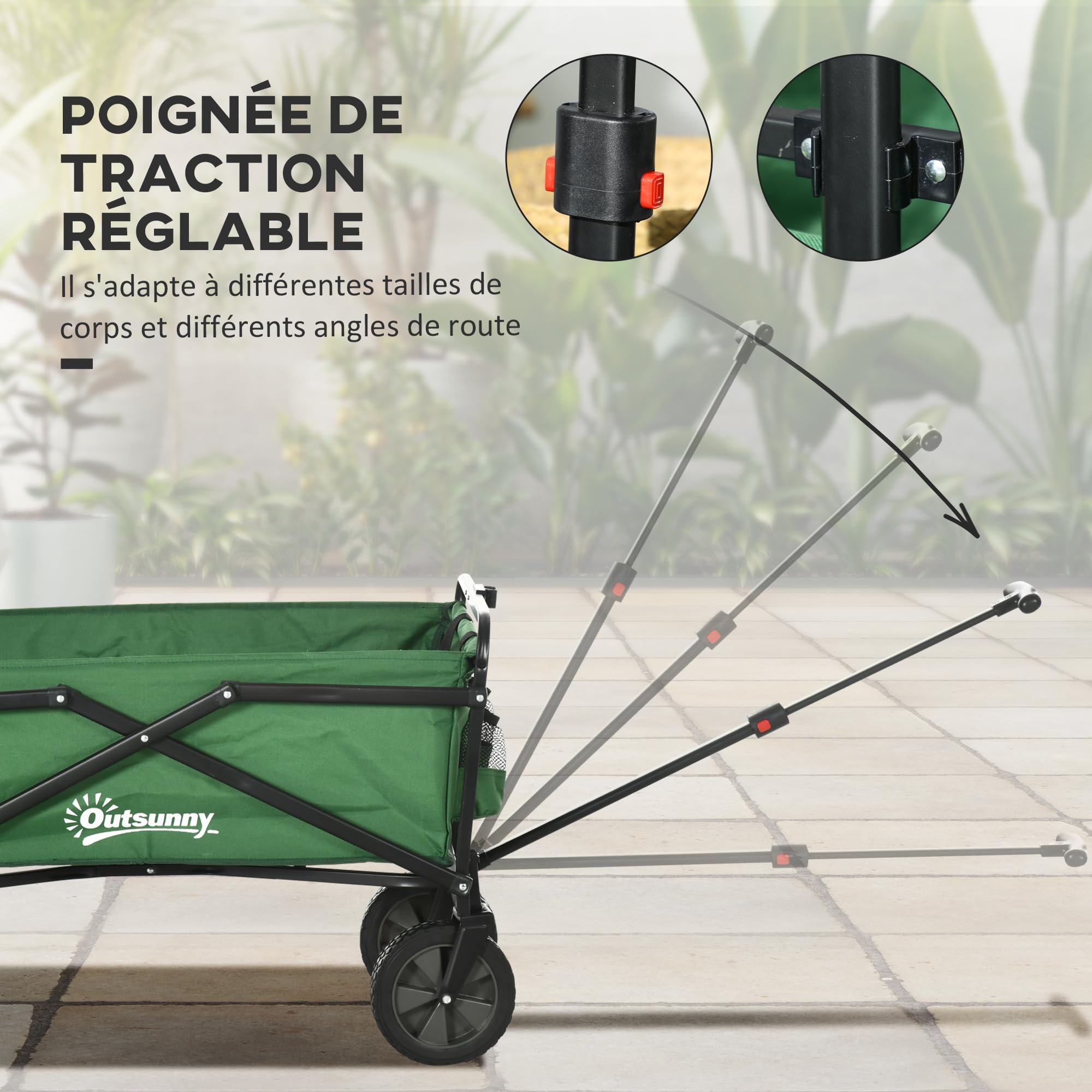Outsunny Chariot de Transport Pliable à Roues Tout-Terrain avec Freins, Chariot de Campings avec Poignée en Acier, pour Plage Jardin Extérieur, Charge 40kg, 120L, Vert Foncé
