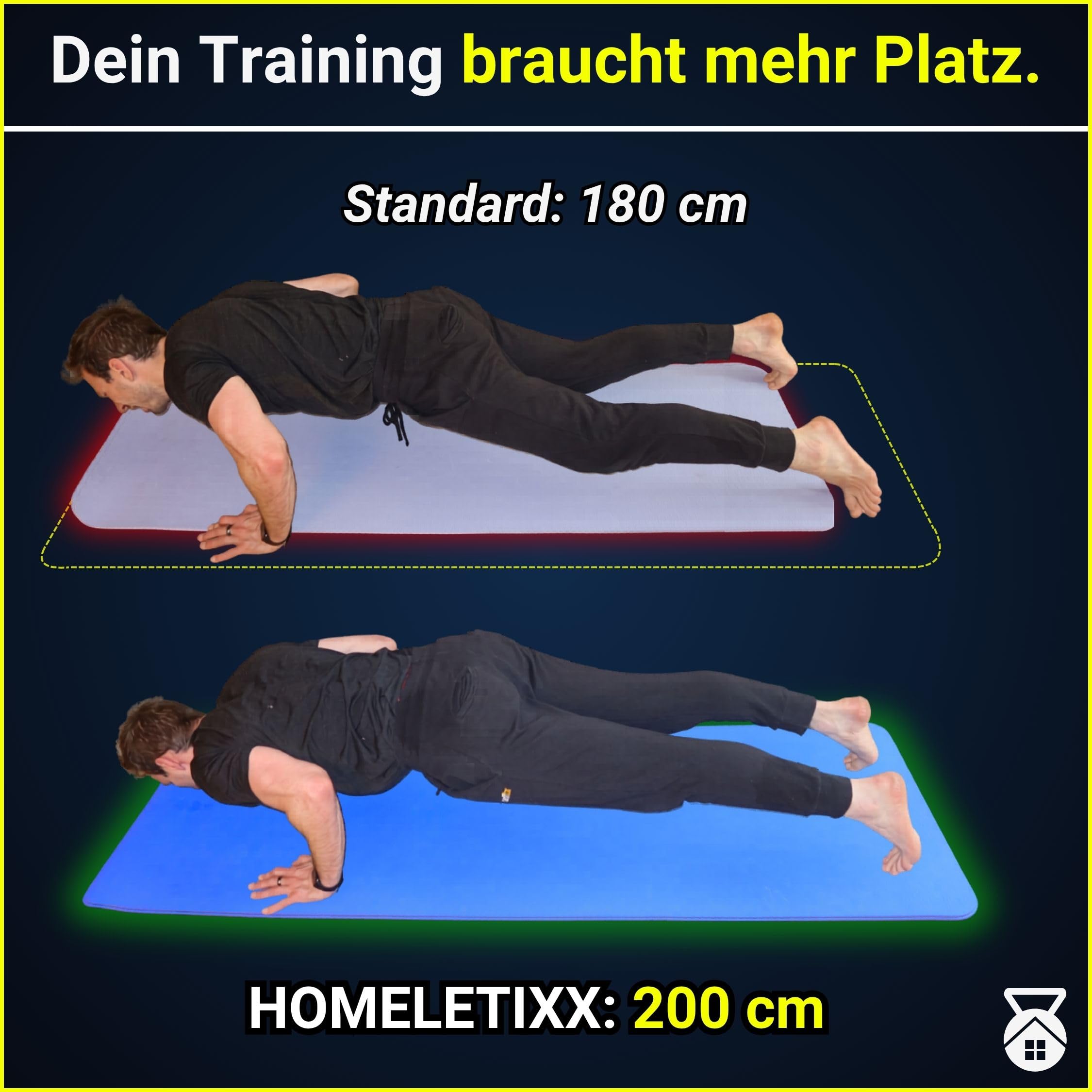 Fitnessmatte 200cm extra lang rutschfest – Yogamatte & Sportmatte XL 2m groß aus Premium TPE für Home Workout & Gymnastik | Trainingsmatte für Zuhause mit Tragegurt – HOMELETIXX