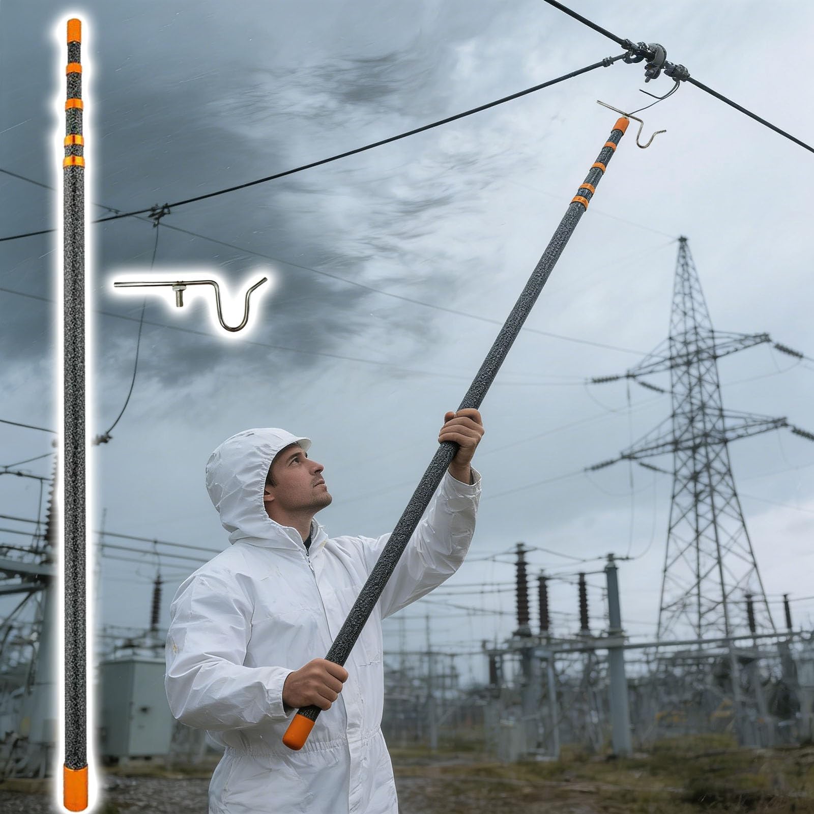 Poste de soporte de alambre aislado de fibra de vidrio de 45 KV, sistema de soporte de cable eléctrico duradero con gancho/ojal, herramienta antielectrocución