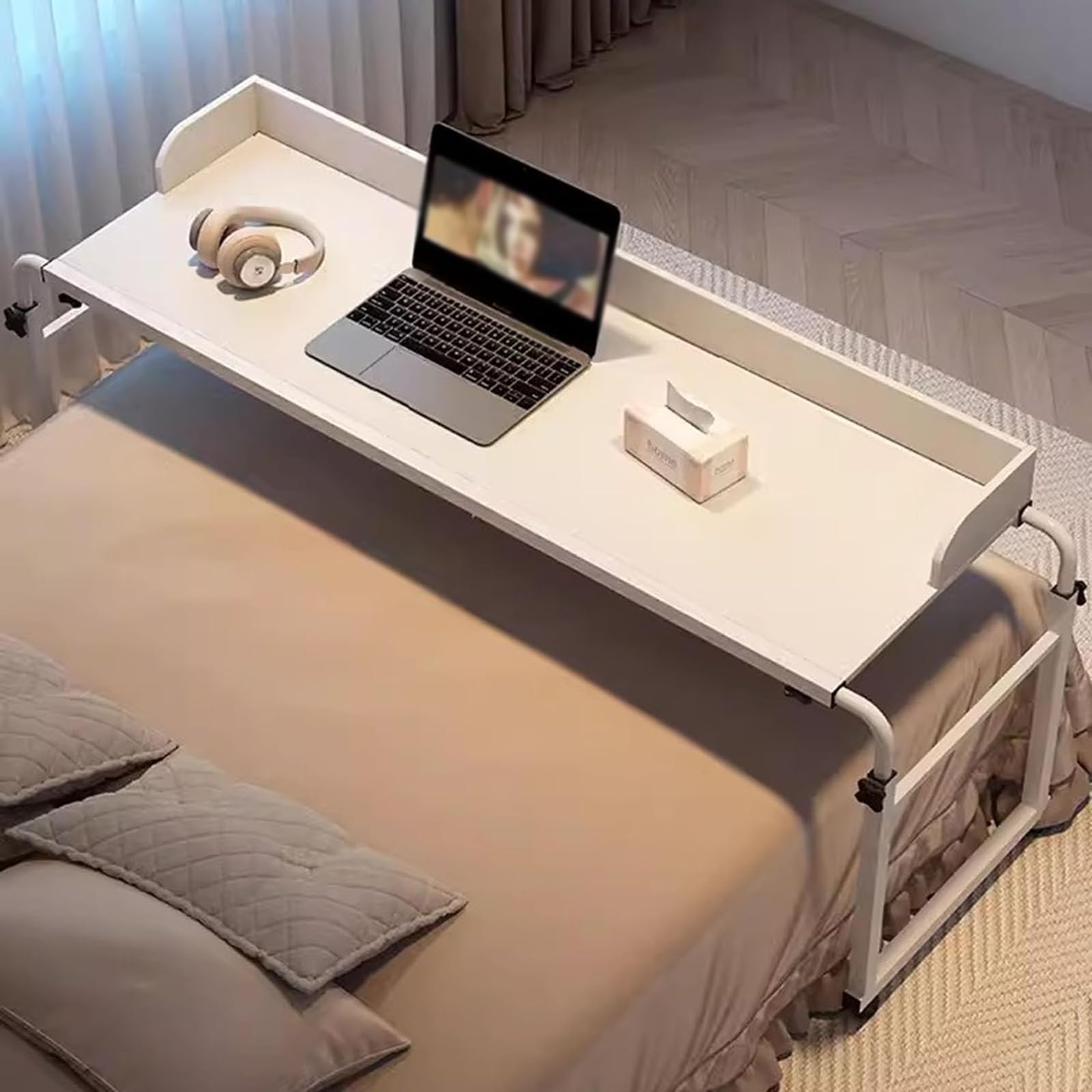 Stolik przyłóżkowy na kółkach, z regulacją wysokości, do ramy łóżka Twin/Full/Queen/King Size, stół medyczny na kółkach, biurko stojące, biurko komputerowe (White)