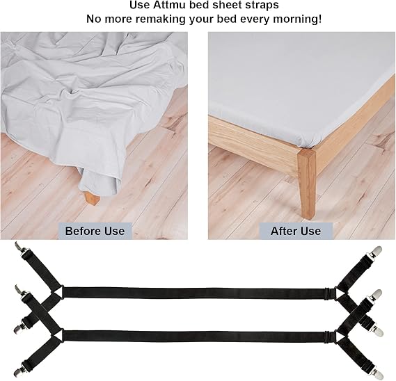 Attmu Bed Sheet Straps, 2 Pack Fitted Bed Sheet Fasteners Clips Adjustable Crisscross Bed Sheet Holder Straps for Corners Mattress Sheet Suspenders Grippers Bedding Accessories, Black