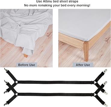 Attmu Bed Sheet Straps, 2 Pack Fitted Bed Sheet Fasteners Clips Adjustable Crisscross Bed Sheet Holder Straps for Corners Mattress Sheet Suspenders Grippers Bedding Accessories, Black