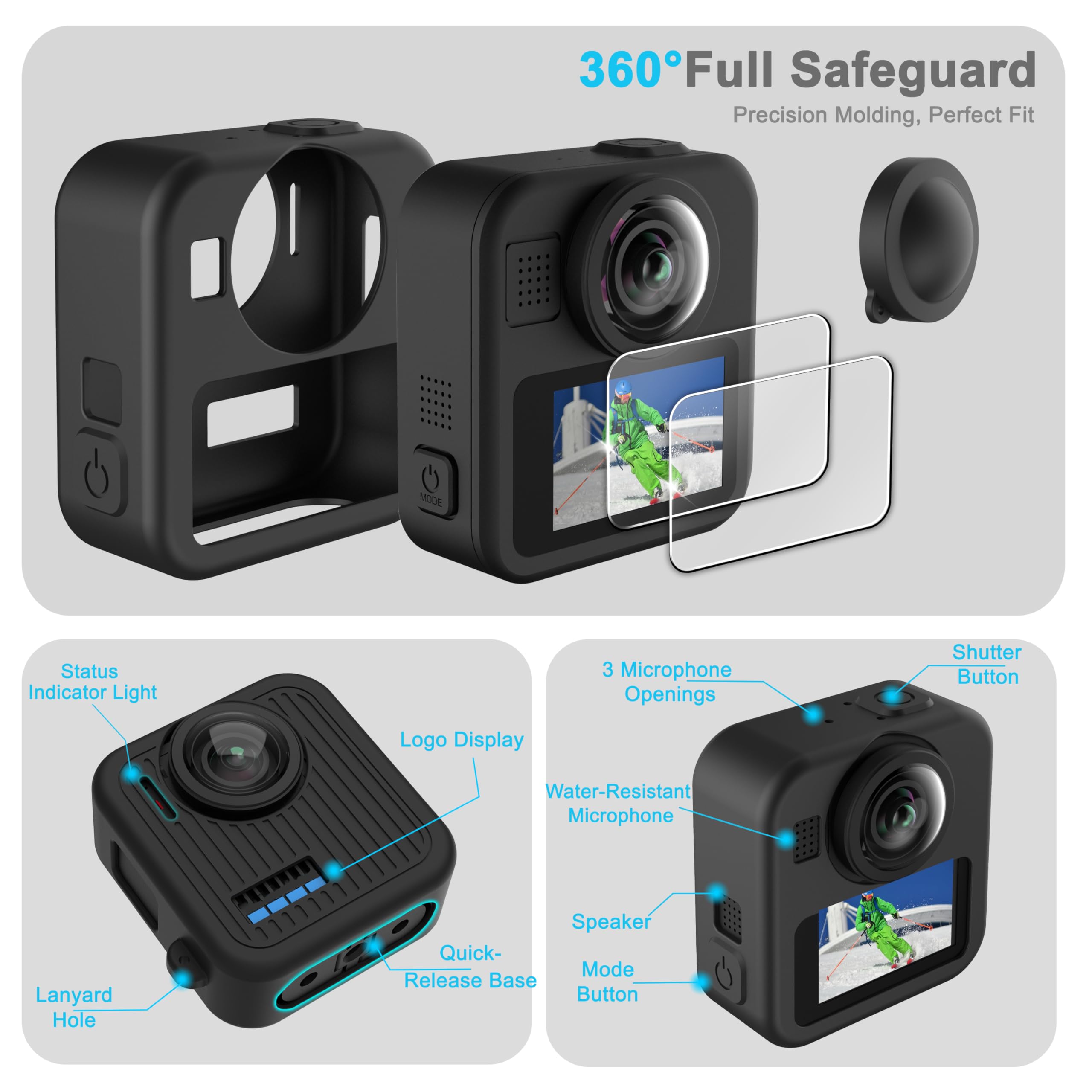 FitStill Le kit de protection en silicone est uniquement compatible avec Gopro Max 2, coque de protection en silicone + film de protection d'écran + couvercle latéral de batterie + couvercle de