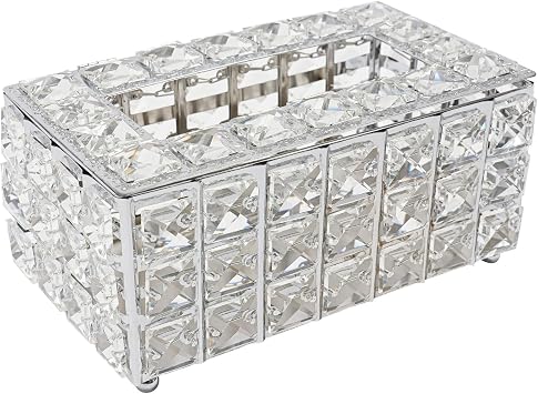 Decorative Rectangular Crystal Tissue Box Cover, Luxury Silver Facial Tissue Paper Organizer, 8.1"x4.7"x3.7"