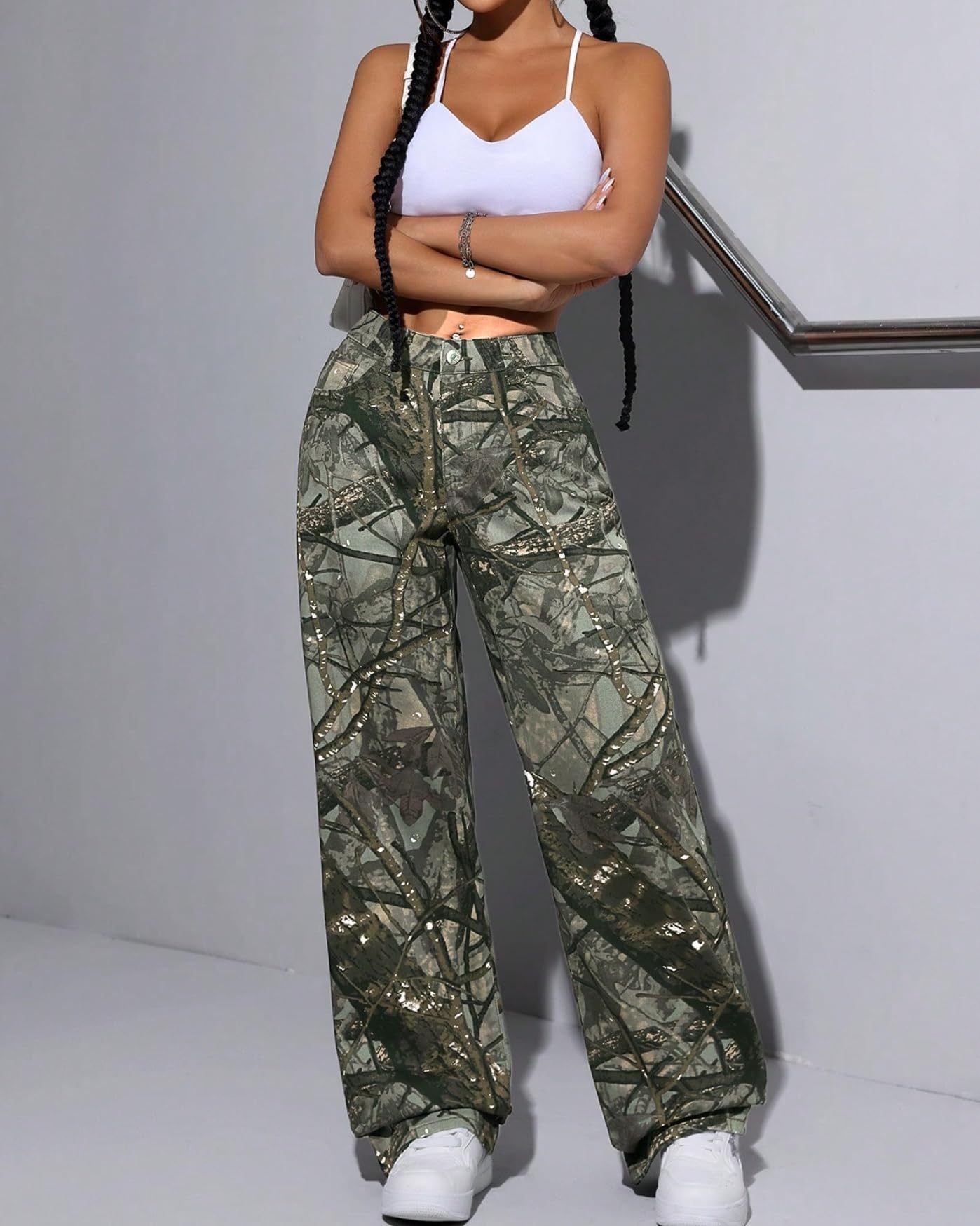 EZAPINE Cargohose für Damen, Camouflage, niedrige Taille, weites Bein, Jeans, schmale Passform, Sweatpants mit Taschen