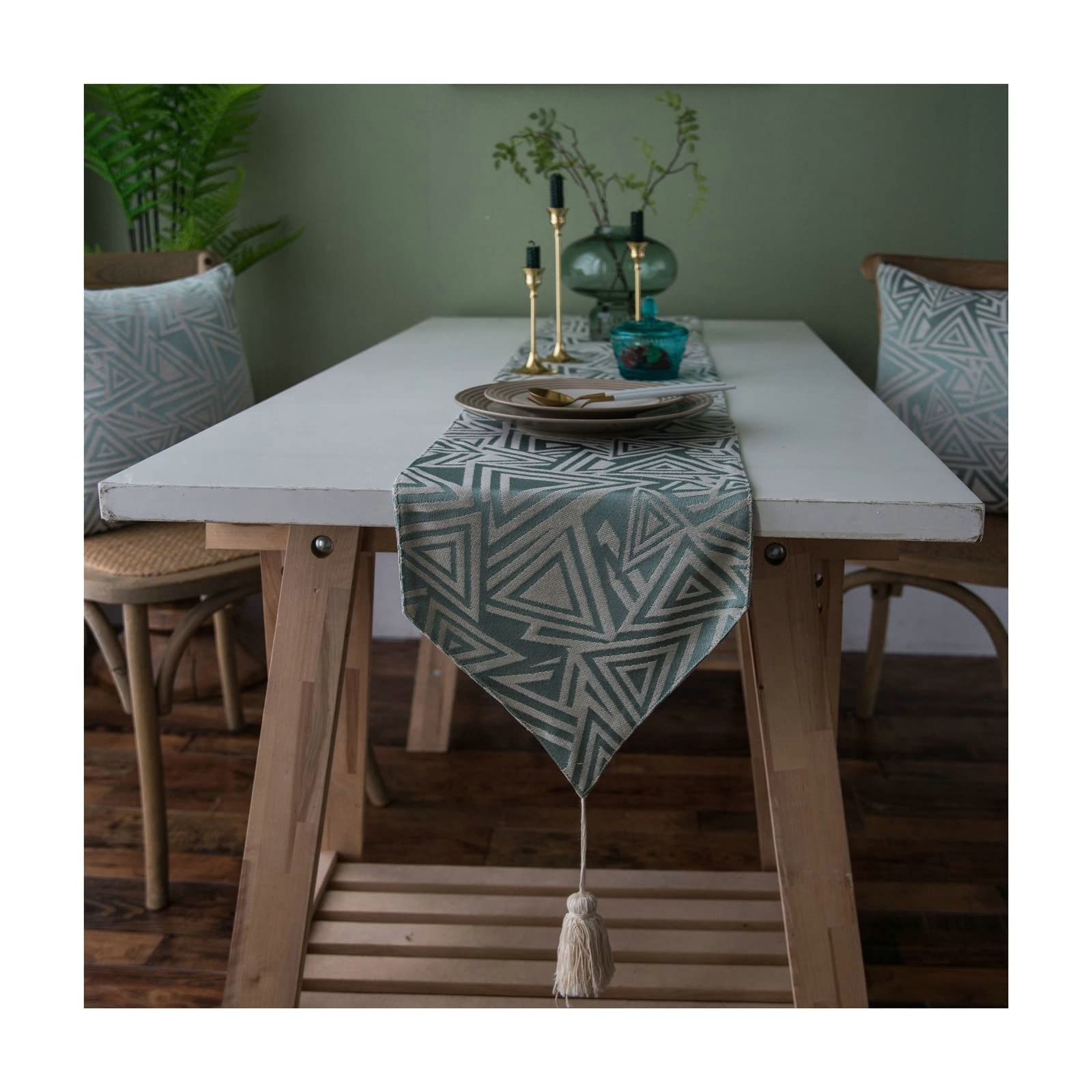 Chemin de table jacquard géométrique haut de gamme lin coton vert