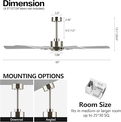 Miniatura 3 de ELEHINSER Ventilador de techo de 60 pulgadas sin luces, 8 cuchillas de madera contrachapada, motor CC reversible sin ruido de 6 velocidades,